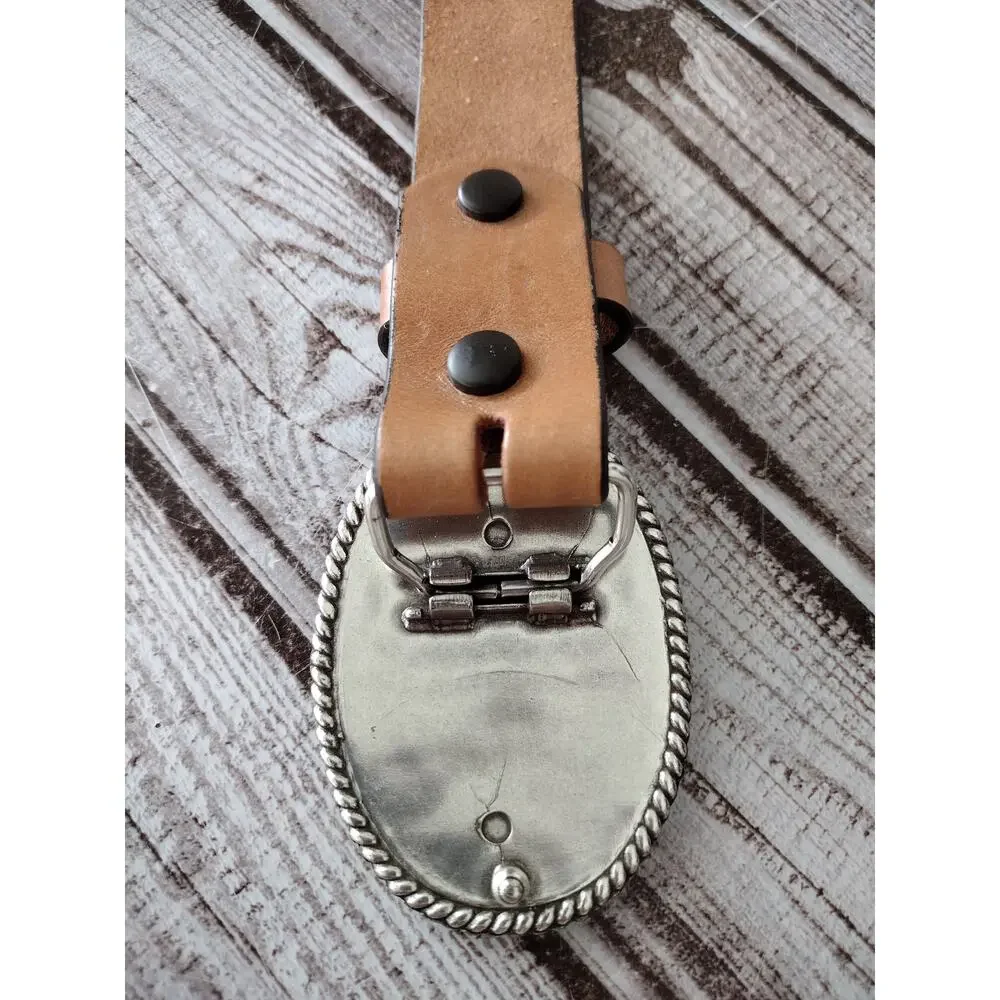 Justin Brown w/Teal Accent Tooled Leather Belt Silver-Tone Heart Buckle Women 24
